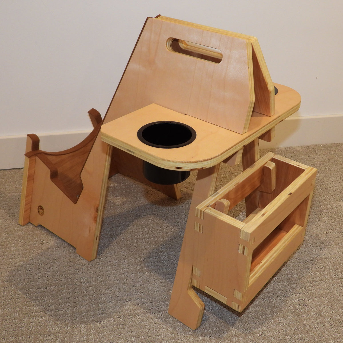 Guitar practice stand with drink holders and magazine rack