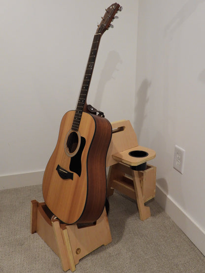 Guitar practice stand with drink holders and magazine rack